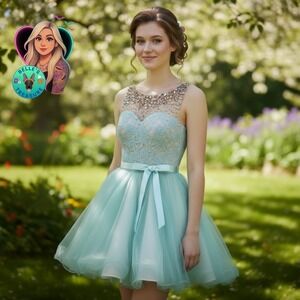 Envious Couture Prom‎ Dress Sheer Beaded Bodice Tulle Skirt Aqua Formal Size 4